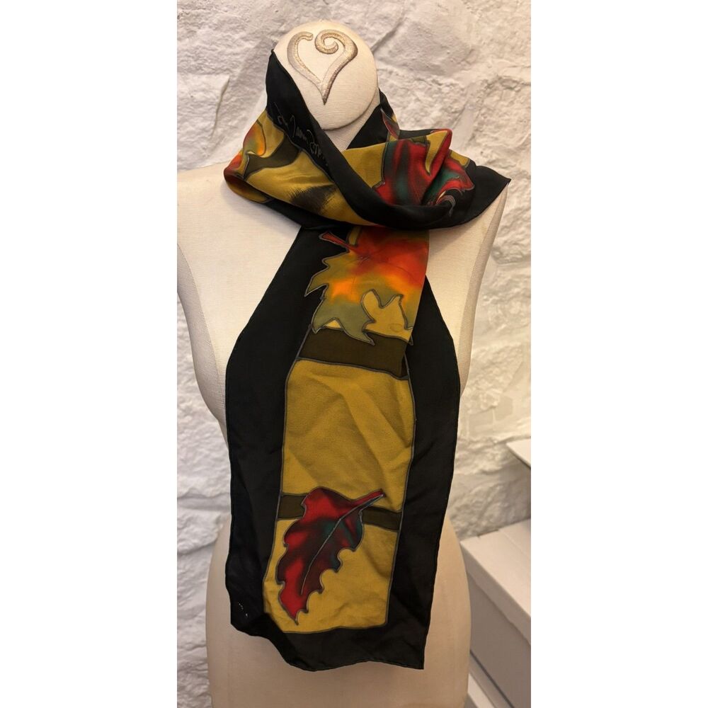Vintage Hand Painted Hand Dyed Silk Scarf Signed Artisan Autumn Leaves FLAWS